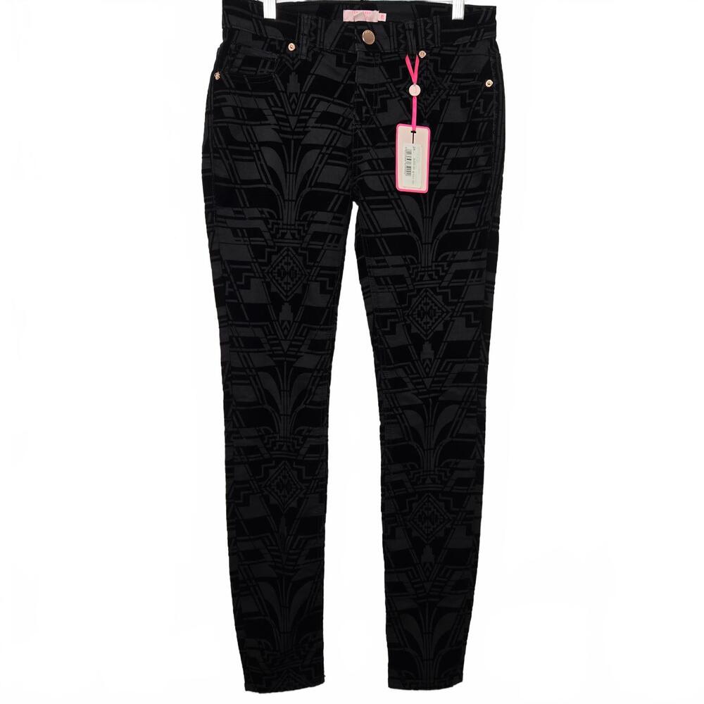 NWT Ted Baker Jeans Women's 29 Black Skinny Velvet Cotton Stretch Aztec Design